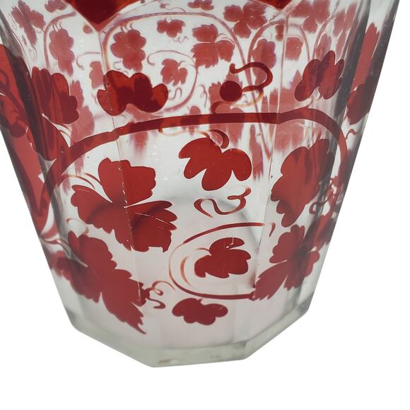 Antique Glass Panel Apothecary Jar Ruby Red Flash Grape Vine Leaf Clear Dome Lid - Picture 2 of 14
